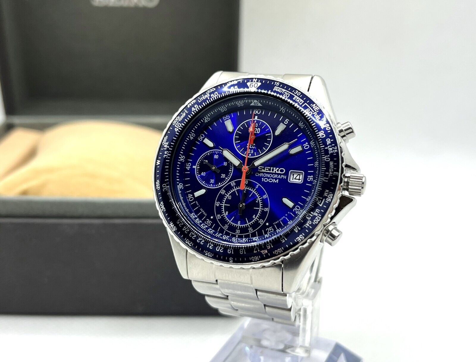 SEIKO Pilot Flightmaster Chronograph 100M Men's Wristwatch Blue 7T92-0CF0 w  Box
