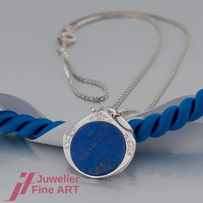 Pendentif et chaîne en lapis-lazuli et 9 diamants env. Or blanc 0,10 ct '- 14... - Photo 1/4