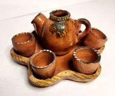 Miniature Pottery Tea Set - Tea Pot & 6 Cups On Tray - Tray 5" Point to Point