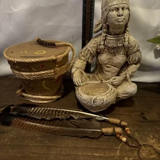 Woman Native American Wearing Basket With Baby /drum /feathers a lot of 3