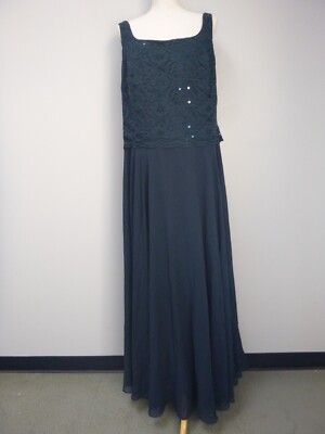 JJ's House Lace Chiffon Sequined Dress Sz 18W Dark Navy 164103 Square Neck Long