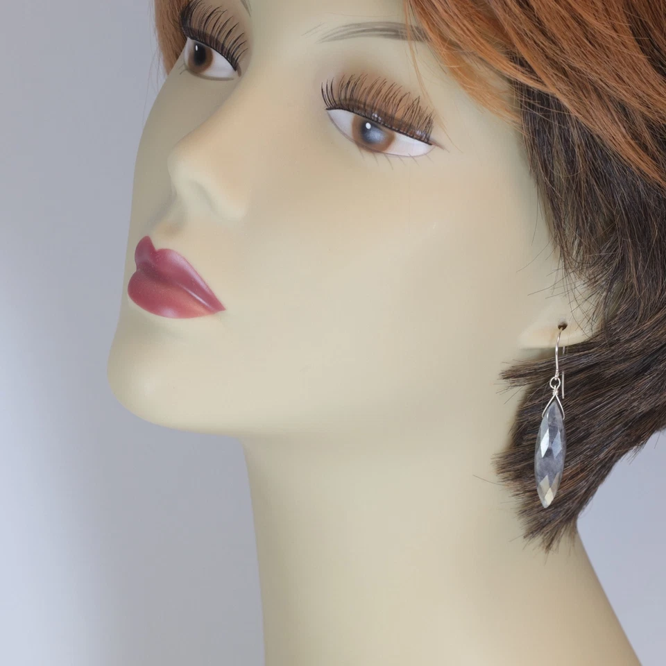 Pendientes de piedra lunar gris gotas marquesa plata de ley oro amarillo macizo de 14 k Foto 2 de 4