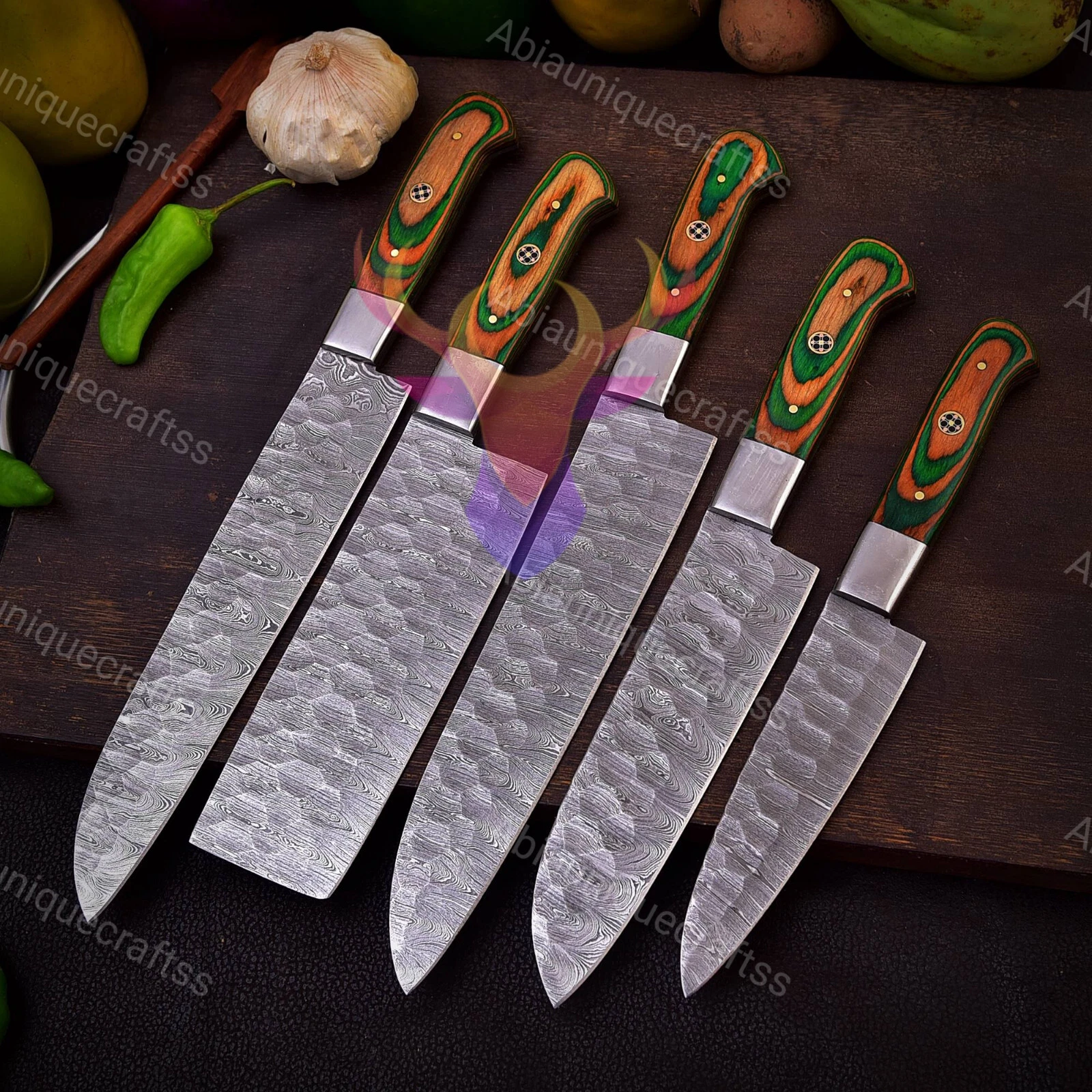 5PCS Damascus Chef Knife Set – Professional Handmade Kitchen Cutlery Gift