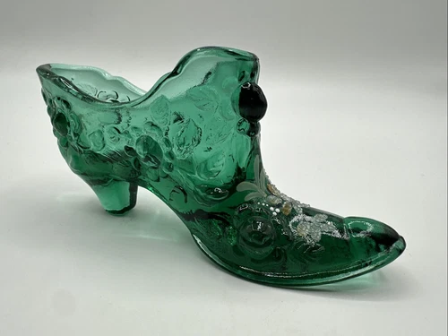 Beautiful Fenton Cabbage Rose Slipper Shoe Dark Green Glass Hand Painted Signed