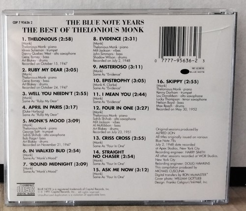 THELONIOUS MONK THE BEST OF THELONIOUS MONK 1991 BLUE NOTE CDP7956362 HOLLAND CD - Picture 2 of 4