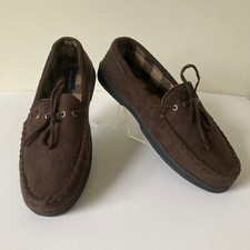 John Ashford Moccasin Slippers Size L 9.5-10.5 Brown Micro Suede Cozy Comfort