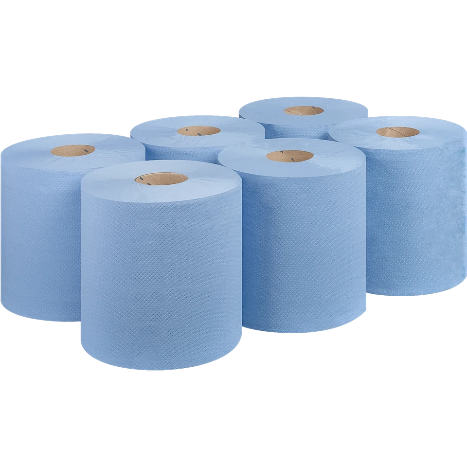 BARGAIN HUNT LTD 6 Blue Rolls CentreFeed Paper Wipe Embossed Rolls 2 Ply BIGGER