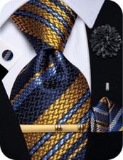 Silk Paisley Floral Tie and Pocket Squard Cufflinks with Blue Gold Striped