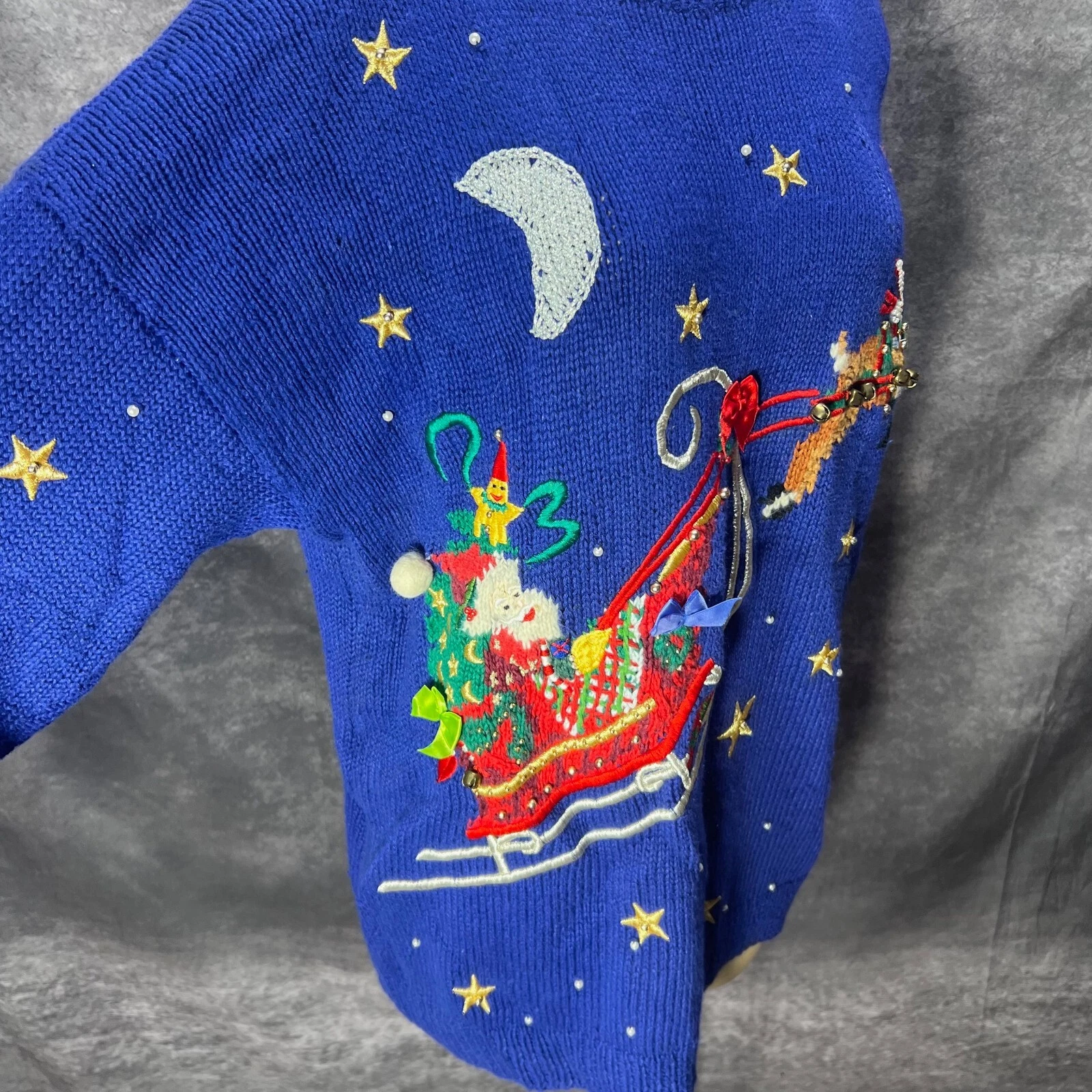 VTG Marisa Christina Ugly Christmas Sweater Womens L Blue Santa Sleigh Rudolph