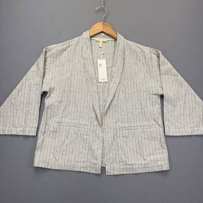 Eileen Fisher Womens XS Organic Linen Cotton Striped Short Jacket Ivory S9BEO