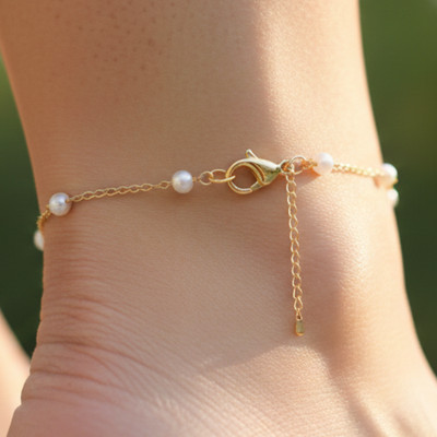 Elegant Gold Color Anklet Minimalist Boho Pearl Charm Pattern Handmade Design