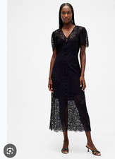 GAP Women Black Floral Lace Sheer V-Neck Button Front Short Sleeve Midi Dress L