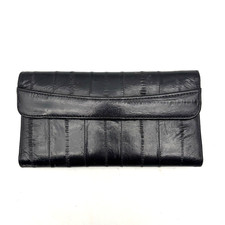 Vintage 70s Black Genuine Eel Skin Leather Organizer Checkbook Clutch Wallet