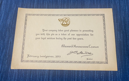 Vintage 1953 Garrett AiResearch Aerospace Manufacturing Pin Award Certificate
