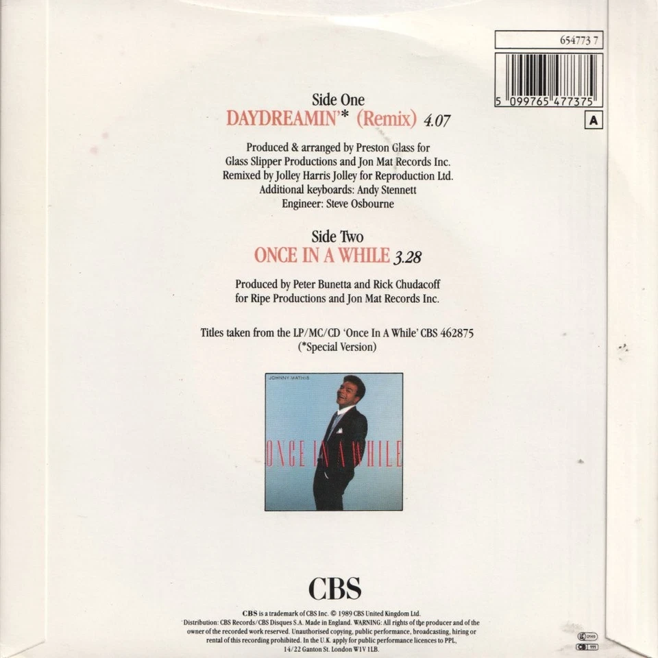 Johnny Mathis Daydreamin' 7" vinyl UK Cbs 1989 in pic sleeve 6547737 - Image 2 of 3