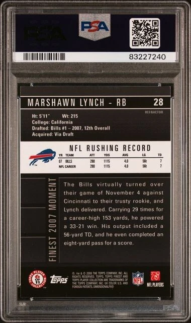 2008 Topps Finest 28 Marshawn Lynch Blue Refractor PSA 9 2nd Year Buffalo Bills - Image 2 of 2