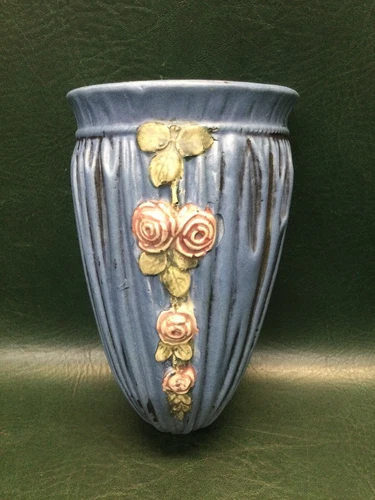 Antique Weller Pottery Blue Drapery Dark Blue w/Roses Wall Pocket Vase