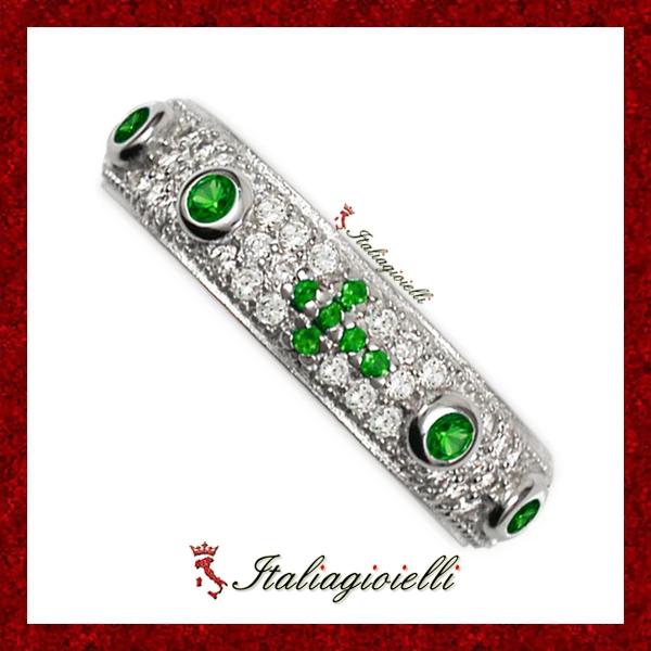 Prezioso Anello Rosario Brillante con Smeraldi in Argento 925 Rodiato Oro Bianco - Immagine 4 di 4