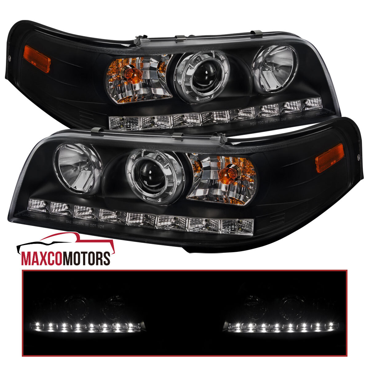 Black Projector Headlights Fits 1998-2011 Ford Crown Victoria LED Strip Lamps