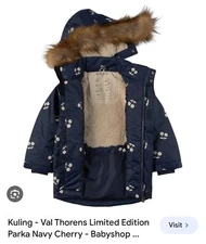 NWT Kuling Val Thorens Parka Coat Navy Blue Cherry Print Toddler 92 - MSRP $89