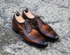 Handmade Men's Leather Oxfords Wingtip Coffee Brown Burnished Brogue Shoes-209