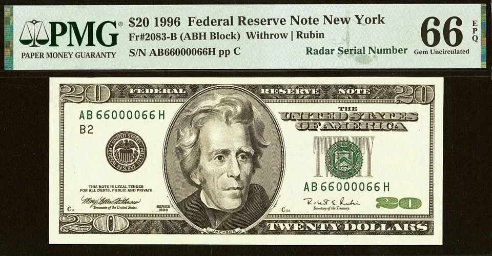 1996 $20 Federal Reserve Note PMG 66EPQ gem fancy radar serial number 66000066 - Image 2 of 3