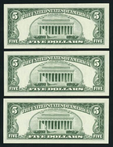 1969-A 3 BANCONOTE DA $5 CONSECUTIVE CHICAGO 3 CRISPINE NON CIRCOLATE SERIE G CINQUE DOLLARI - Foto 2 di 2