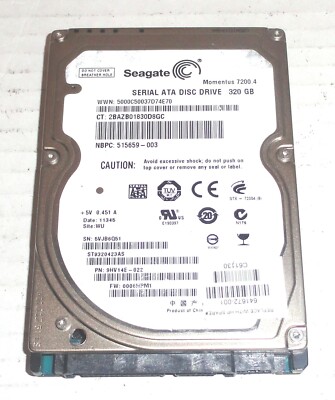 Seagate ST9320423AS 320GB Sata Hard Drive P/N: 9HV14E-022 F/W: 0006HPM1 5VJ  WU