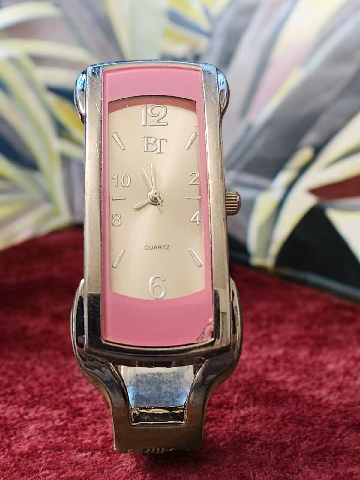 Vtg BT Tank Style Rectangular Cuff Watch Pink Acc… - image 1