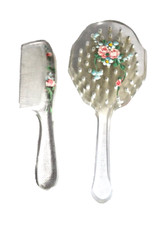 VTG Infant Baby Comb  Brush Set Clear Acrylic 1950s Hand Painted Roses on Both