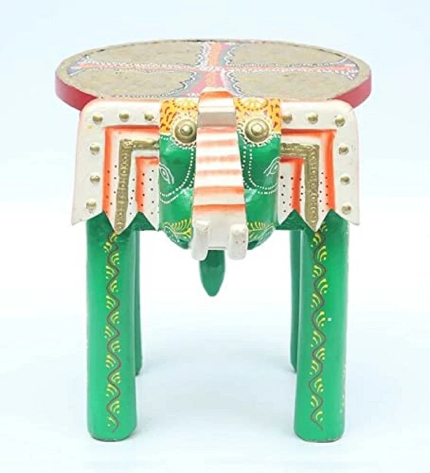 Indian Hand Painted Green Elephant Shape Stool Wooden Stool Room Side Stool - Image 4 of 4