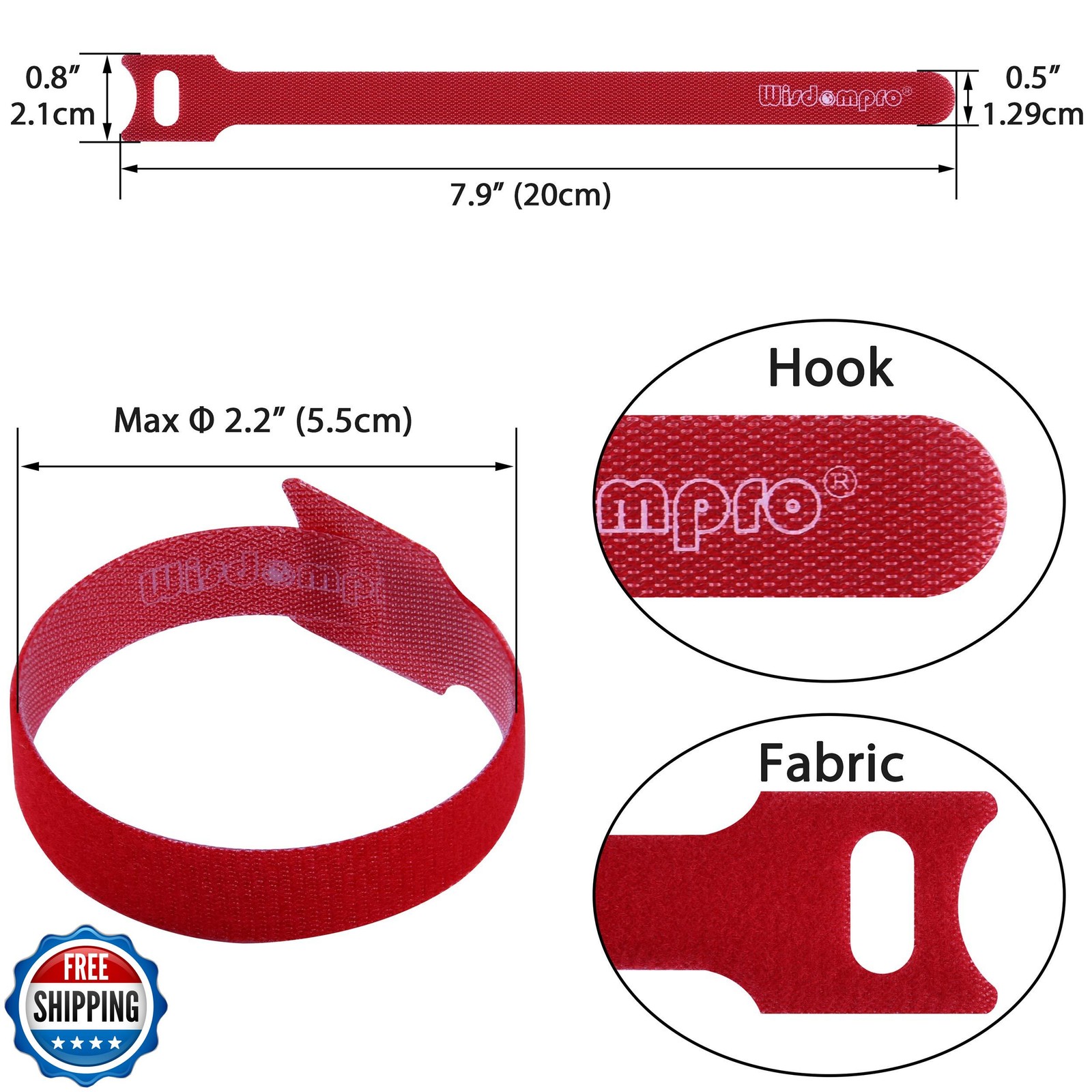 50 Pack 8 Inches Hook and Loop Strap, Self-gripping Fastening Cord Cable Ties