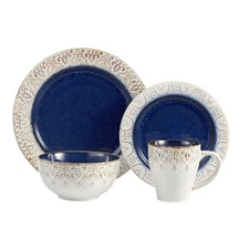 ROUND DINNERWARE SETS | BLUE KITCHEN PLATES BOWLS AND MUGS | 16 PIECE STONEWARE 