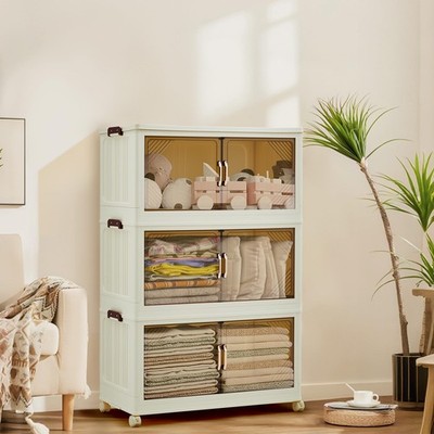 243QT Stackable Storage Bins, Folding Storage with Magnetic Doors & Wheels, L...