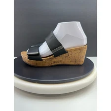 VIONIC Pepper Womens Sz 6 Black Leather Open Toe Platform Slip On Wedge Sandals