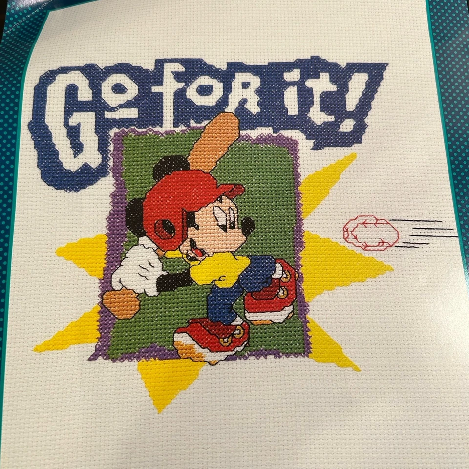 VTG Mickey Unlimited Counted Cross Stitch Kit Baseball "Go For It" #36026 READ - Image 2 of 3