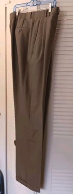 Louis Raphael Pleated Dress Pants Olive Green Classic Fit Cuffed Trousers 34
