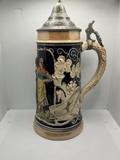 Vintage German Beer Stein Pewter Lid Relief Tavern Scene Blue Ceramic Stein 23cm