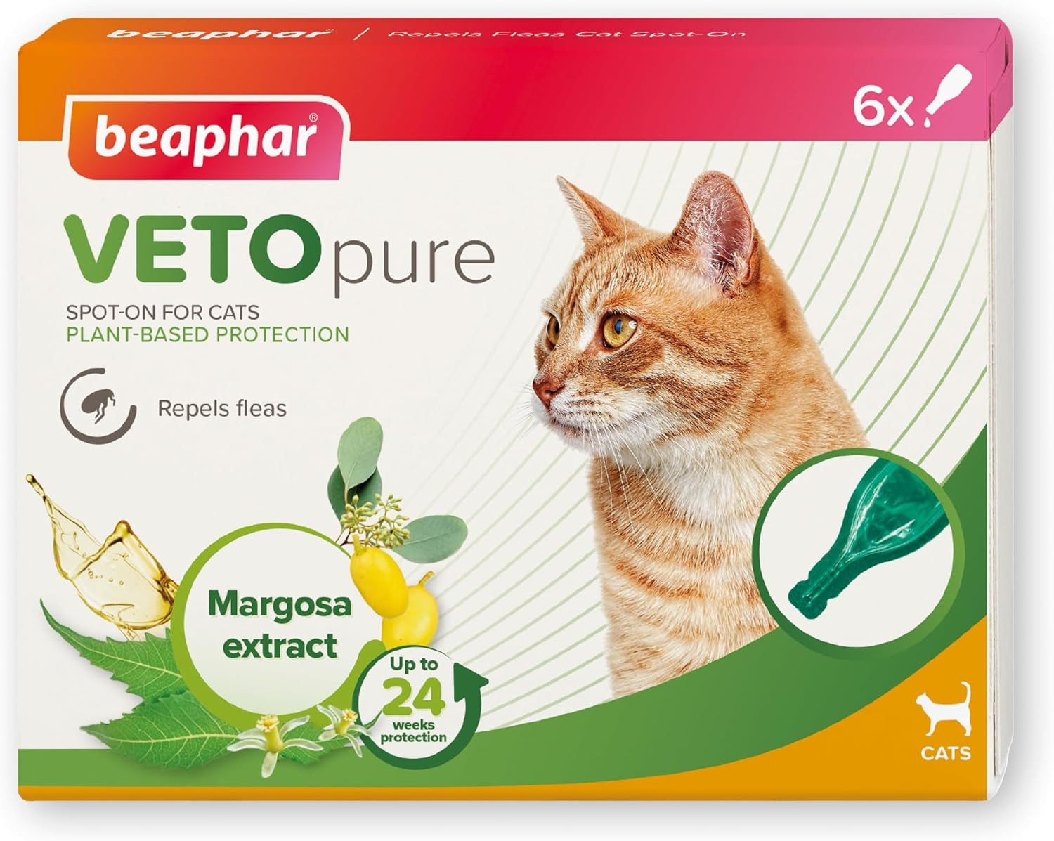 Beaphar – Vetopure Flea Spot on for Cats, 6 Pipettes –Plant-Based Protection