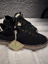 Replay Black Glitter Espadrille Trainers | Designer LaceUp Shoes Gold Det UK 5