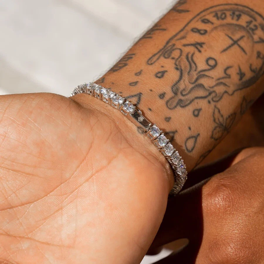 Mens Tennis Bracelet Ice Out Stainless Steel Silver Chain Bling CZ Crystal Gift