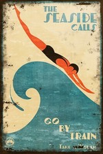 Seaside & Beach Aged Look Train Travel Advert Vintage Retro Style Metal Sign