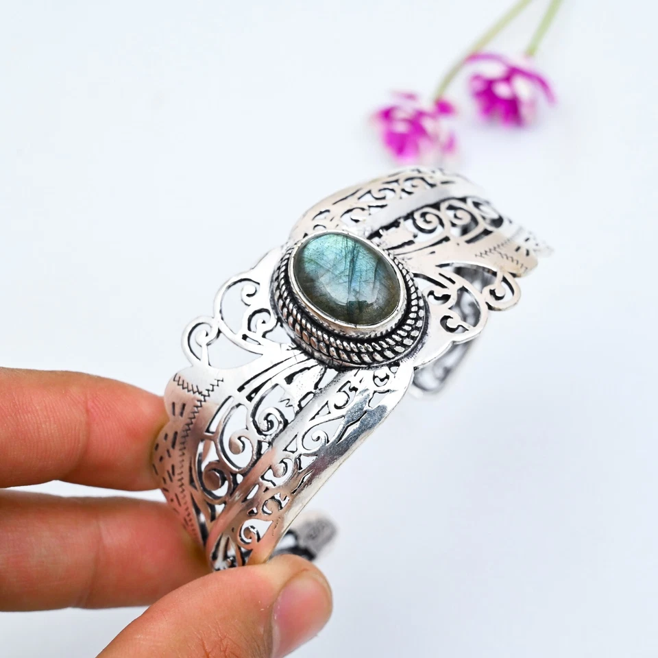 925 Sterling Silver Natural Labradorite Gemstone Handmade Jewelry Cuff Bracelet - Image 3 of 4