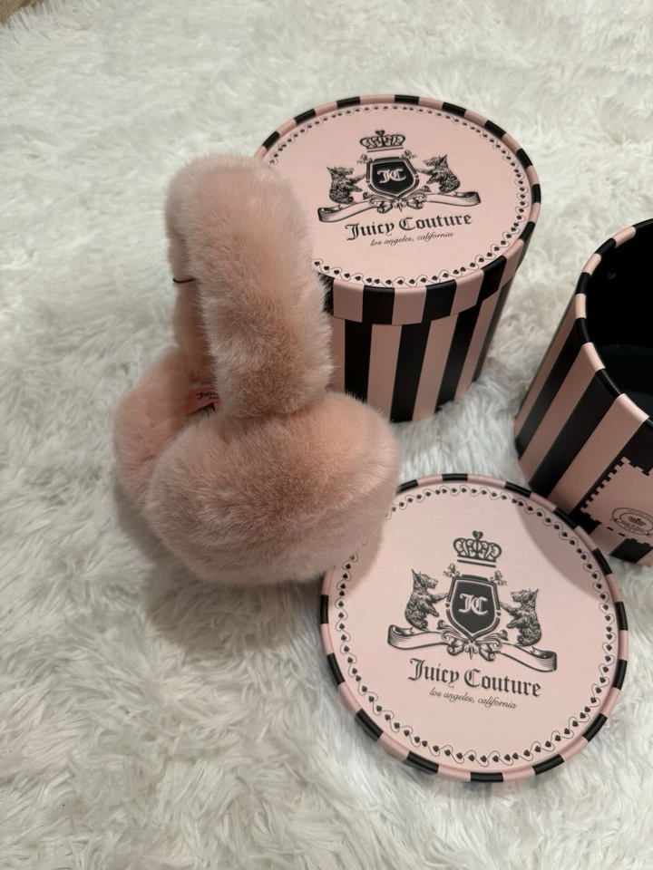 Orejeras Juicy Couture rosas nuevas con etiquetas con caja a rayas Y2k Coquette Heritage Scottie  Foto 4 de 4