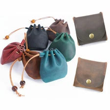 Coin Pouch Case Drawstring Genuine Leather Wallet Squeeze Bag Purse Storage