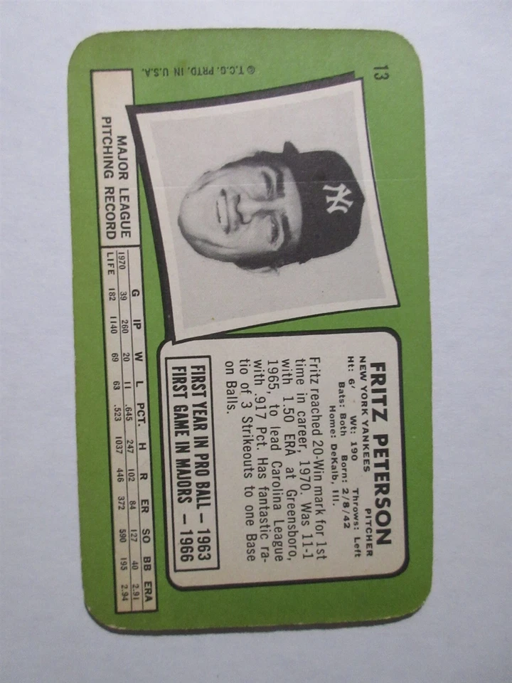1971 Topps Supers #13 FRITZ PETERSON EXMT + - Image 2 of 2