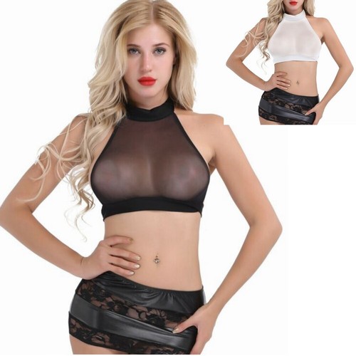 Women's Sheer Mesh Crop Top See Through Halter Shirt Backless Tank Tops Vest - Picture 12 of 47