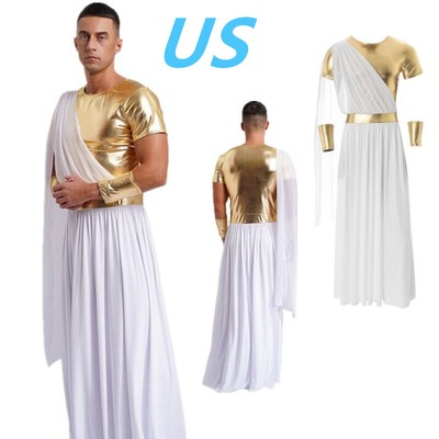 US Mens Ancient Greek Toga Roman Prince Warrior Costume Robe with Gloves Set 