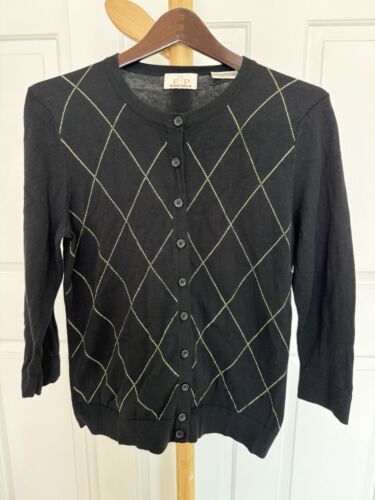 Vintage EP Pro Women Cardigan Diamond Black Cotton Size M Preppy