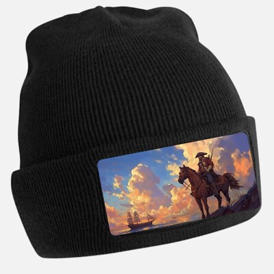 Black Beanie Hat with Cool Pirate on Horse Motif - Unisex Cap, Cotton